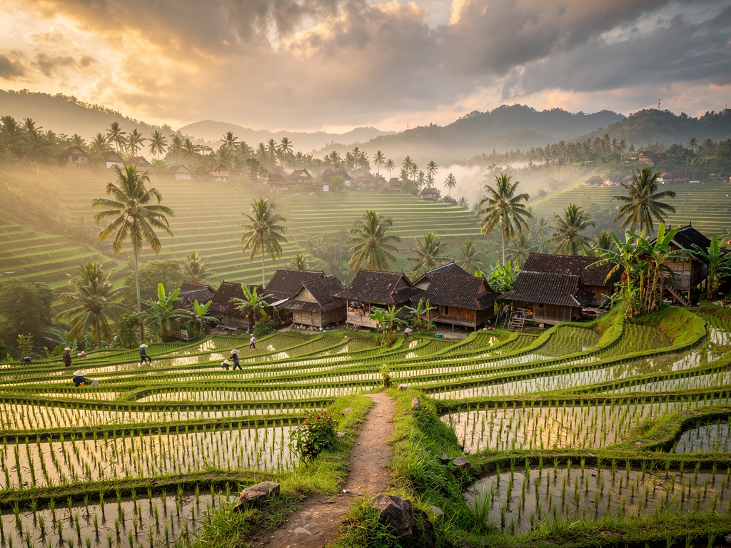 Hamparan sawah di desa wisata dengan rumah tradisional di latar belakang