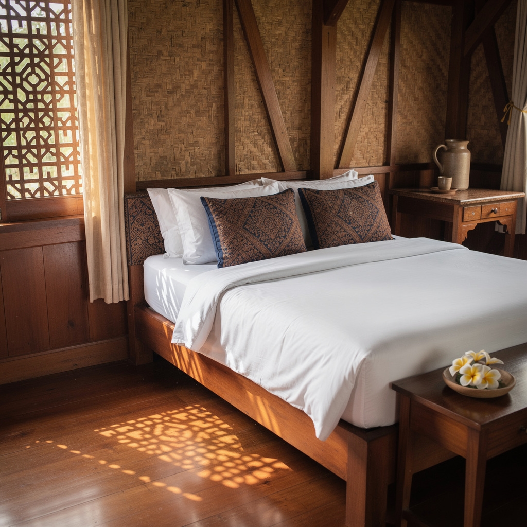 Kamar penginapan butik dengan dekorasi batik dan furnitur kayu jati